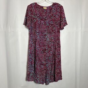 Women's Batik 90s Vintage Floral Short Sleeve Dress in Purple and Teal